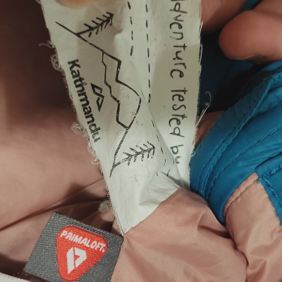 Kathmandu Kids Puffer Jacket Size 2 Primaloft Hood Lightweight Blue Aqua Pink - Picture 8 of 10